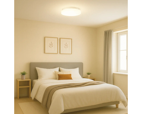 Chambre avec lit double et plafonnier rond