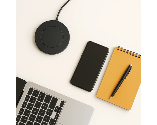 Drahtlose Ladestation, Laptop, Smartphone, Notizblock und Stift auf einem Tisch