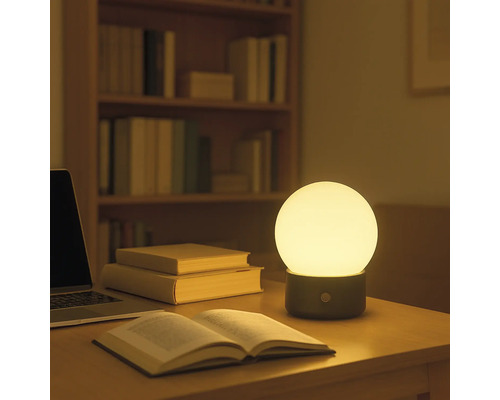 Dekorative Tischleuchte auf einem Schreibtisch mit Büchern und einem Laptop