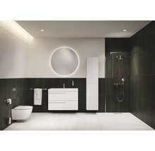 Salle de bains moderne avec toilettes, lavabo, miroir, armoire et douche