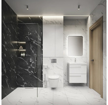 Salle de bain moderne avec douche, toilettes, lavabo et miroir