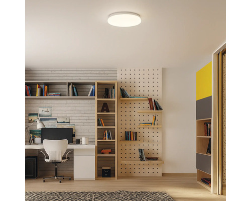 Intérieur avec bureau, étagères et plafonnier rond