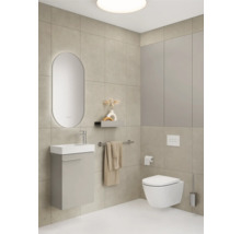Salle de bains moderne avec meuble sous-lavabo, miroir, toilettes et porte-serviettes.