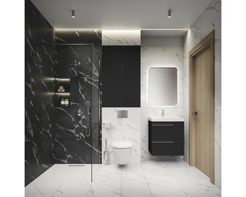 Salle de bain moderne avec douche, toilettes, lavabo et miroir