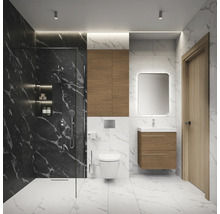 Salle de bain moderne avec douche, lavabo, miroir et toilettes