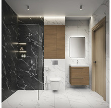 Salle de bains moderne avec douche, toilettes, lavabo et miroir