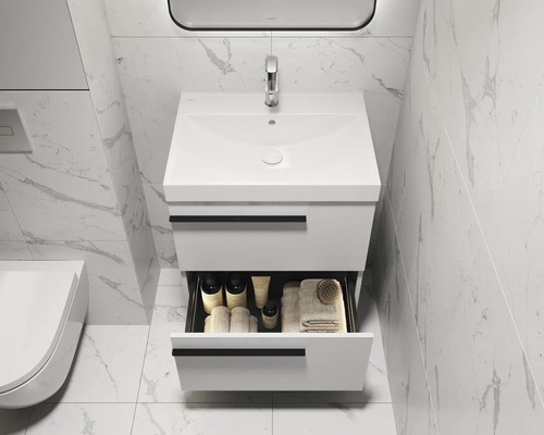 Salle de bains moderne avec meuble sous-lavabo, tiroir ouvert et robinetterie