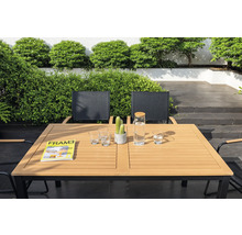Scène de jardin avec table à manger, chaises, verres, carafe d'eau, magazine et cactus