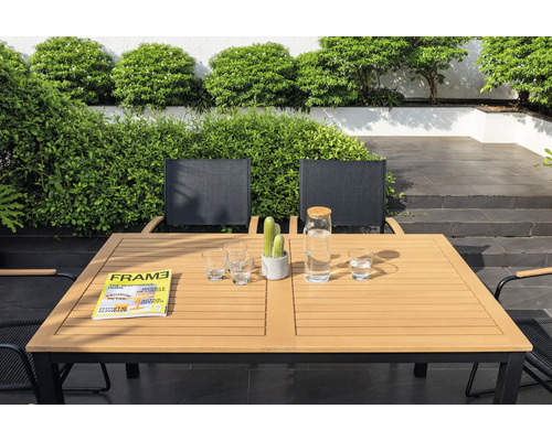 Scène de jardin avec table à manger, chaises, verres, carafe d'eau, magazine et cactus