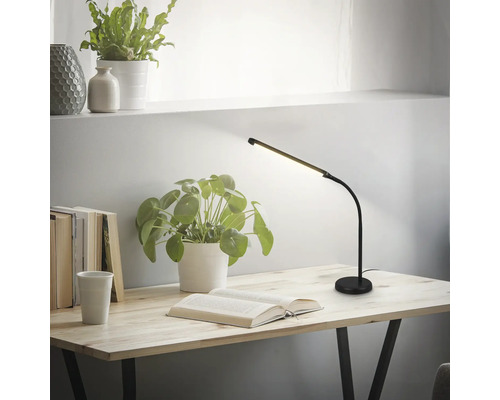 Schreibtischszene mit einer schwarzen LED-Schreibtischlampe, einem offenen Buch und Zimmerpflanzen auf einem Holztisch.