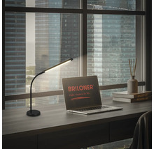 Schreibtisch mit LED-Tischleuchte, Laptop mit Briloner Logo, Büchern und Duftstäbchen