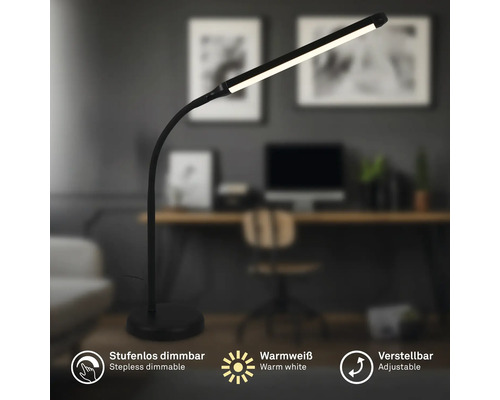 Schwarze LED-Stehlampe mit einstellbarer Dimmfunktion und warmweißem Licht im Arbeitszimmer
