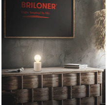 Dekorative Szene mit Briloner Logo, Tischleuchte, Zeitschriften und Kommode