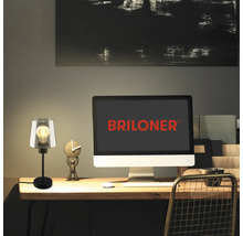 Tischleuchte auf einem Schreibtisch mit Computer und Dekoration