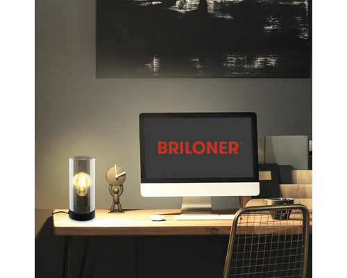 Schreibtischszene mit dekorativer Glas Tischleuchte und einem Computerbildschirm mit Briloner Logo