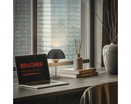 Tischszene mit Schreibtisch, Laptop mit Briloner Logo und stilvoller Tischleuchte vor einem Fenster