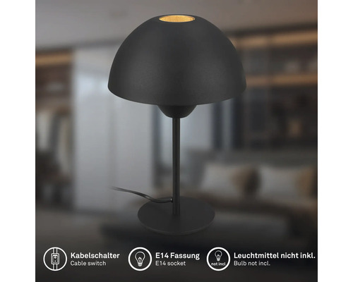Schwarze Tischleuchte mit E14 Fassung und Kabelschalter. Leuchtmittel nicht enthalten.