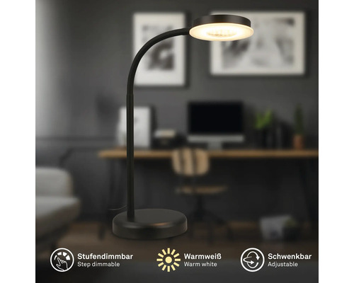 Schreibtischleuchte mit warmweissem Licht, stufenloser Dimmfunktion und einstellbarer Ausrichtung.