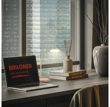 Szene mit Schreibtischlampe, Laptop mit Briloner Logo, Büchern und Dekoration vor einem Fenster mit Blick auf eine Stadt.