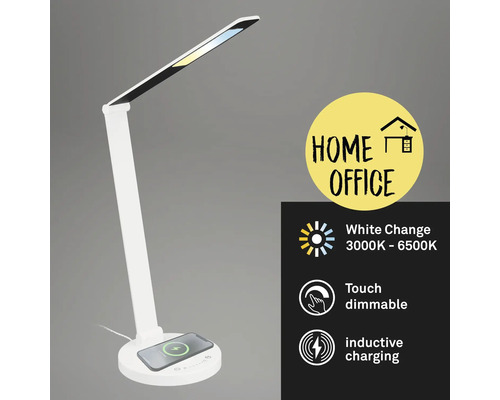 Weisse Schreibtischlampe mit induktiver Ladestation für das Homeoffice