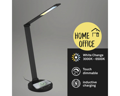 Schwarze LED-Schreibtischlampe mit induktiver Ladefunktion und berührungsdimmbarer Weißlichtsteuerung für das Homeoffice