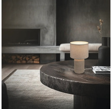 Dekorative Tischleuchte auf einem Tisch in einem Wohnzimmer mit Kamin.