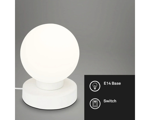 Weisse Tischleuchte mit kugelförmigem Lampenschirm, E14 Fassung und Schalter