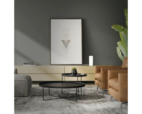 Wohnzimmer mit Couchtisch, Sessel und Dekoration