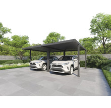 Doppelcarport mit zwei Autos im Garten