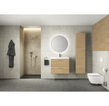 Modernes Badezimmer mit Dusche, Waschtisch, Spiegel, Toilette und Schrank