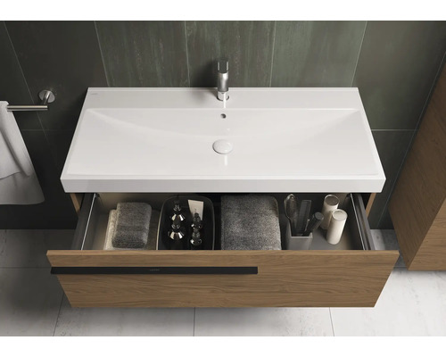 Waschtischunterschrank mit offenem Schubfach, inklusive Waschbecken und Armatur