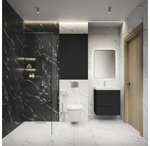 Salle de bain moderne avec douche, toilettes, lavabo et miroir