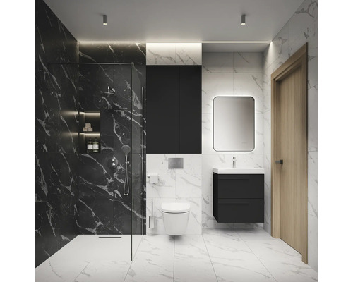 Salle de bain moderne avec douche, toilettes, lavabo et miroir