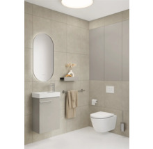 Salle de bain avec lavabo, miroir, toilettes et porte-serviettes