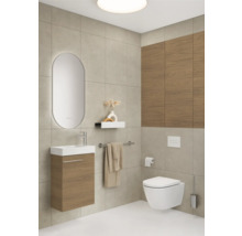 Salle de bains avec meuble sous-lavabo, miroir, toilettes et porte-serviettes