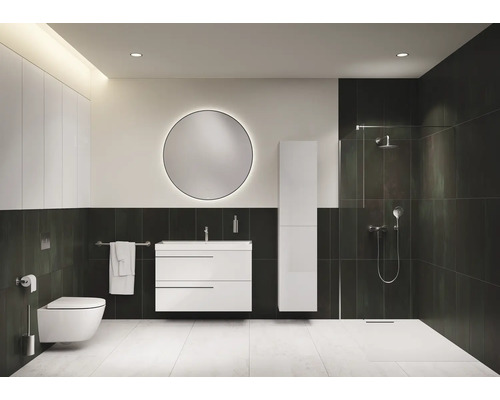 Salle de bain moderne avec toilettes, lavabo, armoire de toilette et douche