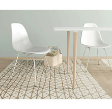 Salle à manger avec table, chaises et tapis au design moderne.