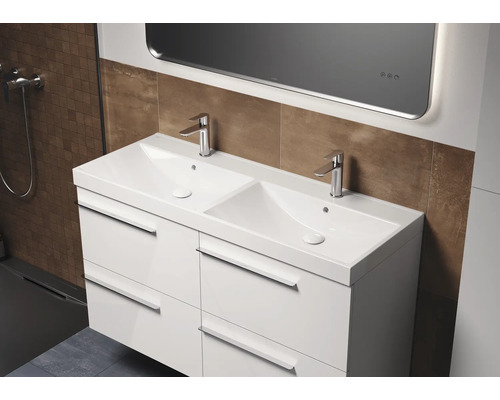 Meuble-lavabo avec double vasque, robinetterie et meuble sous-lavabo