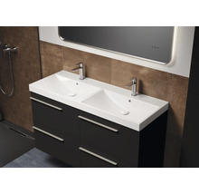 Meuble sous-vasque avec deux lavabos et tiroirs dans une salle de bain