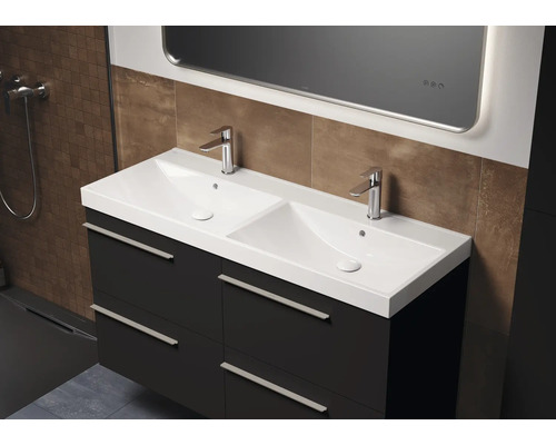 Meuble sous-vasque avec deux lavabos et tiroirs dans une salle de bain