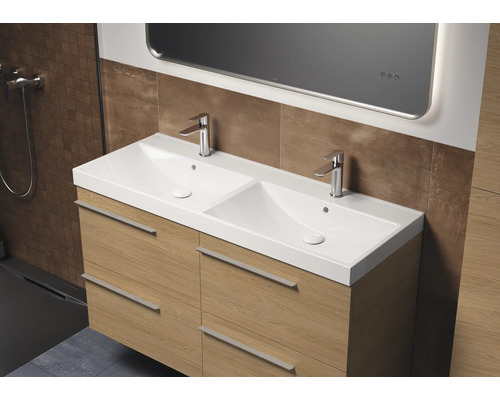 Meuble-lavabo avec double vasque, meuble bas avec tiroirs et miroir dans la salle de bain