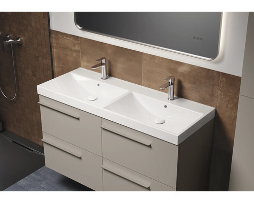 Meuble-lavabo de salle de bains avec deux lavabos, robinets et tiroirs