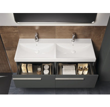 Meuble-lavabo double avec deux vasques, meuble bas de salle de bain avec tiroirs de rangement.