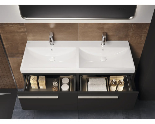 Meuble-lavabo avec deux lavabos et meuble bas ouvert