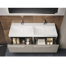 Meuble-lavabo double avec deux vasques, robinets et tiroirs de rangement pour la salle de bain