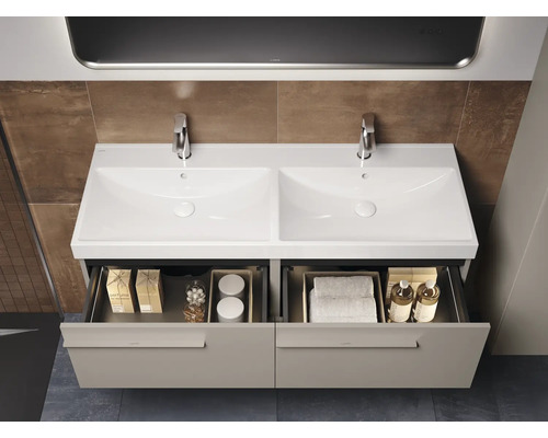 Meuble-lavabo double avec deux vasques, robinets et tiroirs de rangement pour la salle de bain
