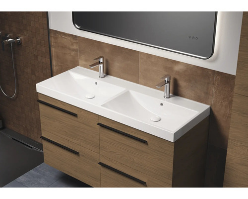 Meuble-lavabo de salle de bains avec deux lavabos, robinets et tiroirs
