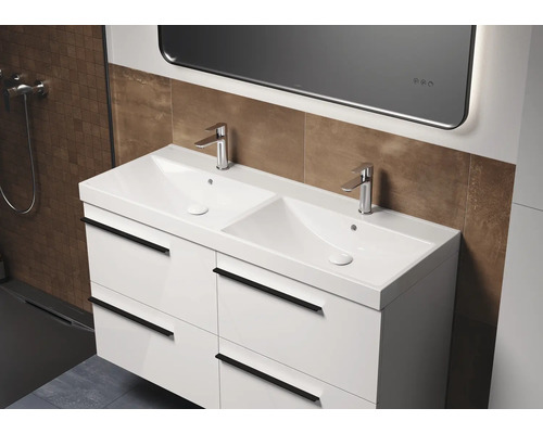 Meuble sous-vasque double avec deux vasques, robinetteries et miroir pour la salle de bain
