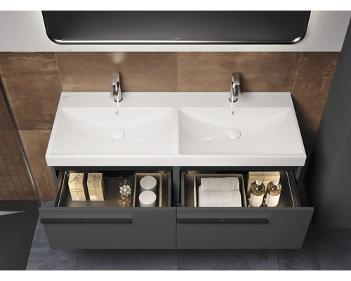 Meuble-lavabo double avec système de tiroirs ouverts pour salle de bains