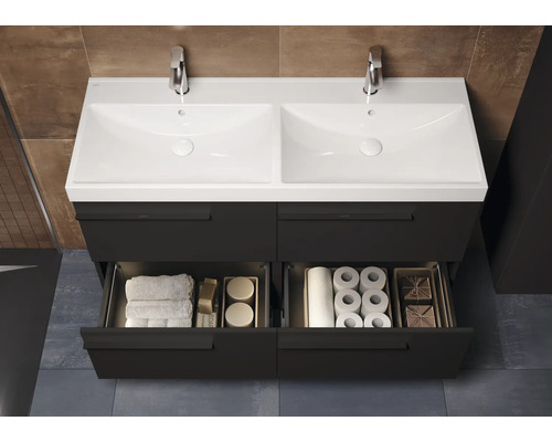 Meuble-lavabo double avec meuble bas et tiroirs ouverts pour rangement de salle de bain